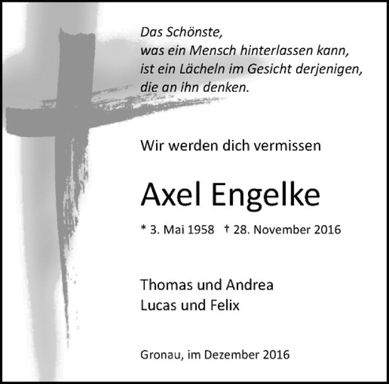  Traueranzeige für Axel Engelke vom 03.12.2016 aus Westfälische Nachrichten