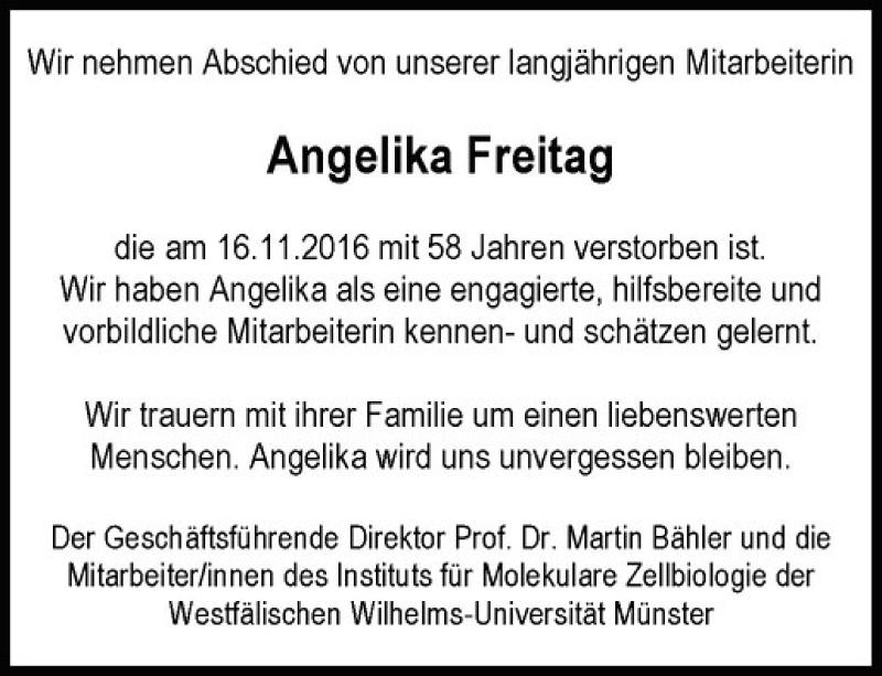  Traueranzeige für Angelika Freitag vom 03.12.2016 aus Westfälische Nachrichten