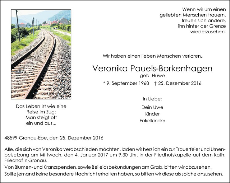  Traueranzeige für Veronika Pauels-Borkenhagen vom 31.12.2016 aus Westfälische Nachrichten