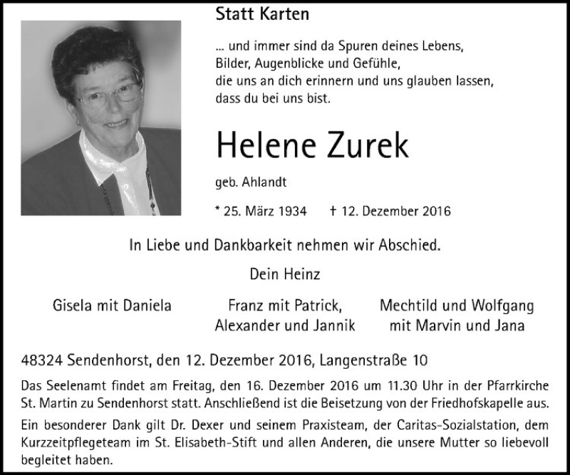  Traueranzeige für Helene Zurek vom 14.12.2016 aus Westfälische Nachrichten