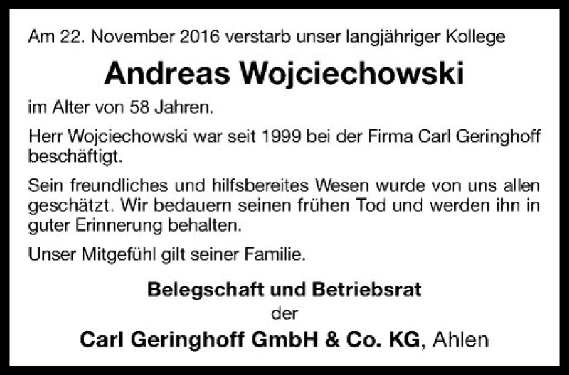 Traueranzeige für Andreas Wojciechowski vom 10.12.2016 aus Westfälische Nachrichten