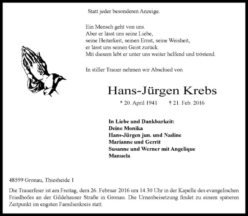  Traueranzeige für Hans-Jürgen Krebs vom 24.02.2016 aus Westfälische Nachrichten