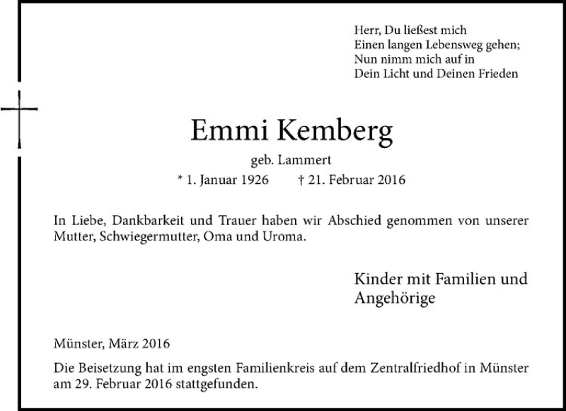  Traueranzeige für Emmi Kemberg vom 02.03.2016 aus Westfälische Nachrichten