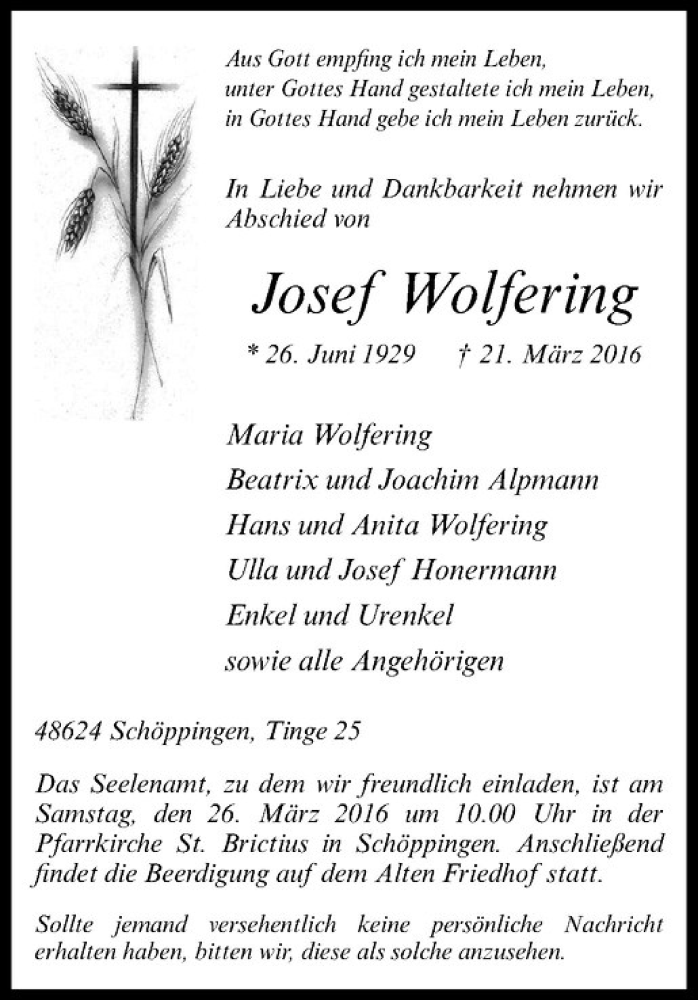  Traueranzeige für Josef Wolfering vom 24.03.2016 aus Westfälische Nachrichten