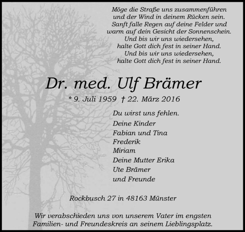  Traueranzeige für Ulf Brämer vom 25.03.2016 aus Westfälische Nachrichten
