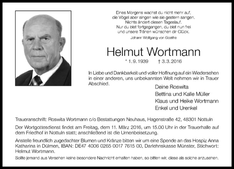  Traueranzeige für Helmut Wortmann vom 08.03.2016 aus Westfälische Nachrichten