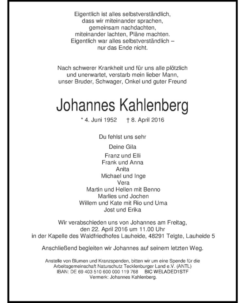  Traueranzeige für Johannes Kahlenberg vom 16.04.2016 aus Westfälische Nachrichten