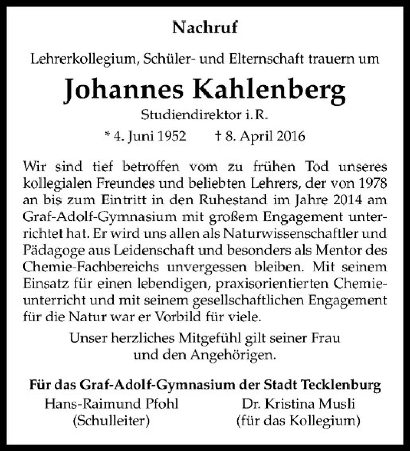  Traueranzeige für Johannes Kahlenberg vom 16.04.2016 aus Westfälische Nachrichten