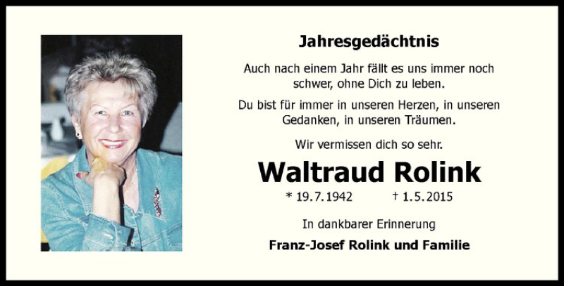  Traueranzeige für Waltraud Rolink vom 30.04.2016 aus Westfälische Nachrichten