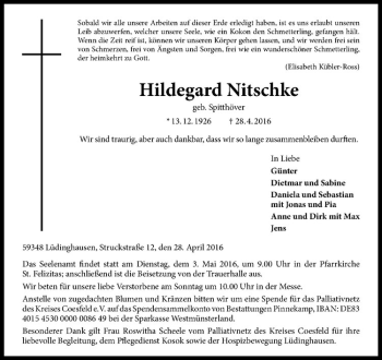 Anzeige von Hildegard Nitschke von Westfälische Nachrichten