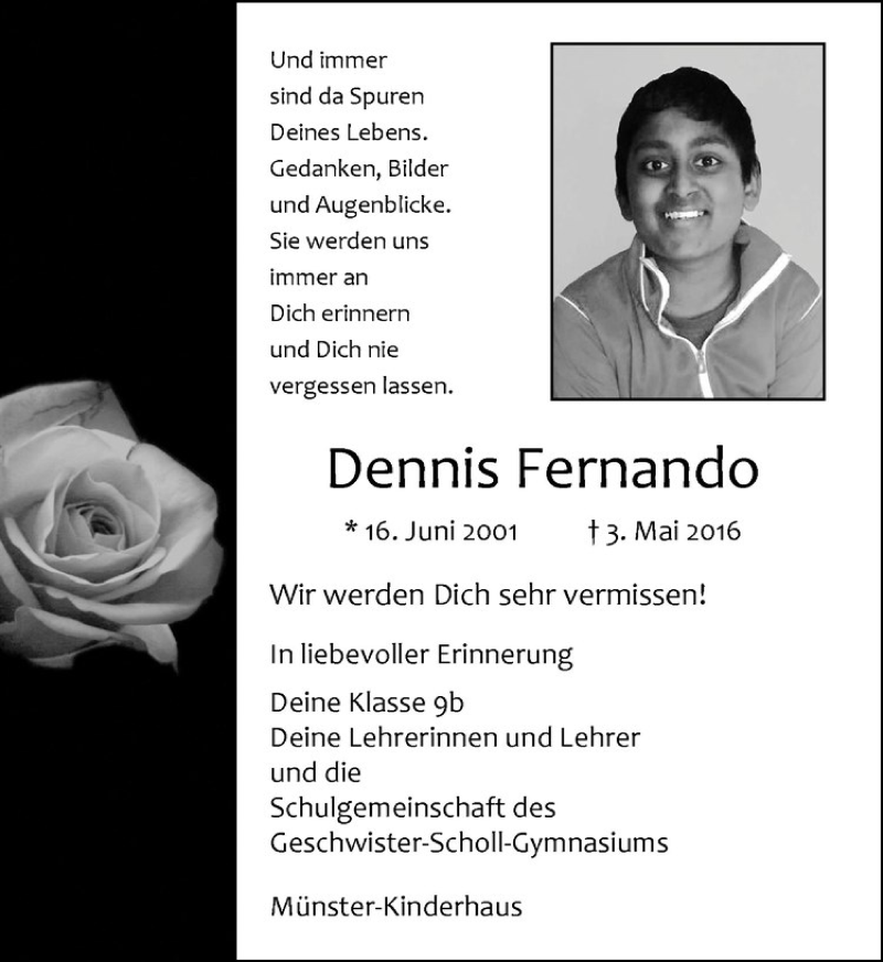  Traueranzeige für Dennis Fernando vom 14.05.2016 aus Westfälische Nachrichten