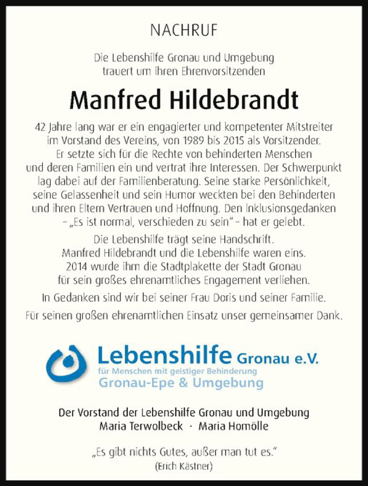 Traueranzeige für Manfred Hildebrandt vom 12.05.2016 aus Westfälische Nachrichten