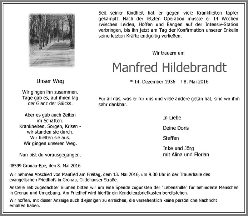  Traueranzeige für Manfred Hildebrandt vom 11.05.2016 aus Westfälische Nachrichten