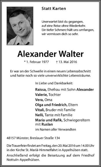 Anzeige von Alexander Walter von Westfälische Nachrichten