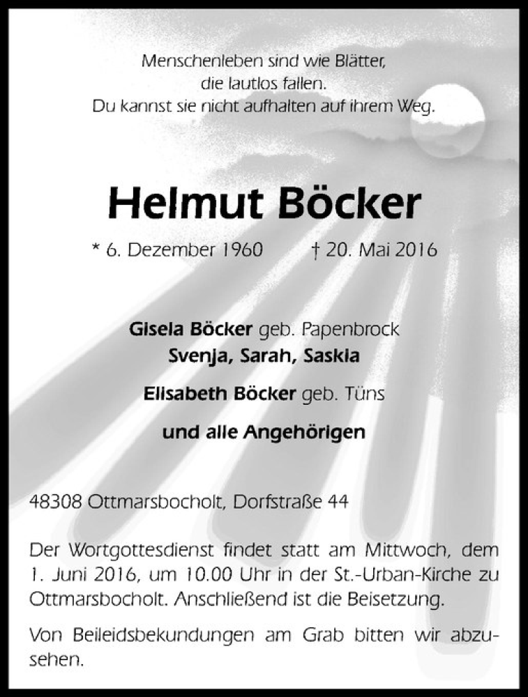  Traueranzeige für Helmut Böcker vom 25.05.2016 aus Westfälische Nachrichten