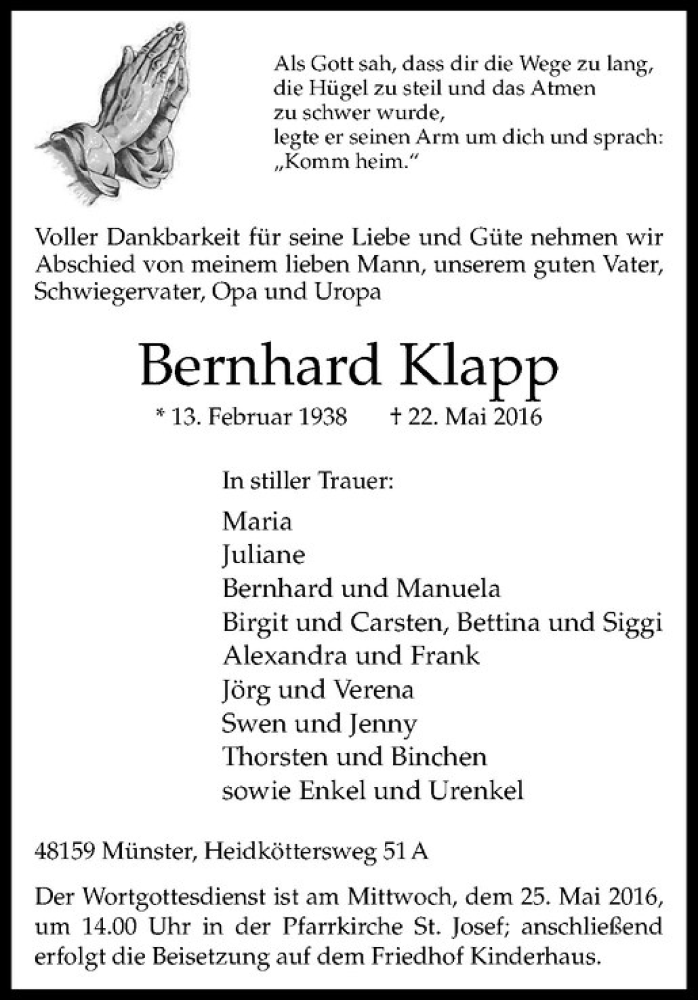  Traueranzeige für Bernhard Klapp vom 25.05.2016 aus Westfälische Nachrichten