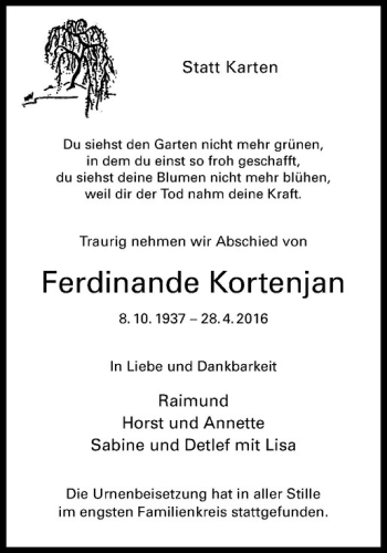 Anzeige von Ferdinande Kortenjan von Westfälische Nachrichten