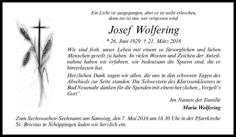  Traueranzeige für Josef Wolfering vom 04.05.2016 aus Westfälische Nachrichten