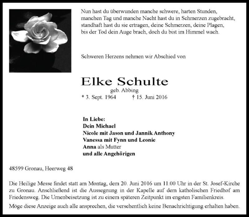  Traueranzeige für Elke Schulte vom 18.06.2016 aus Westfälische Nachrichten