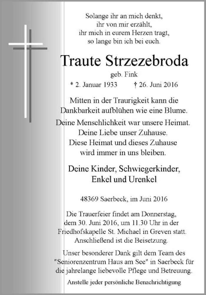  Traueranzeige für Traute Strzezebroda vom 28.06.2016 aus Westfälische Nachrichten