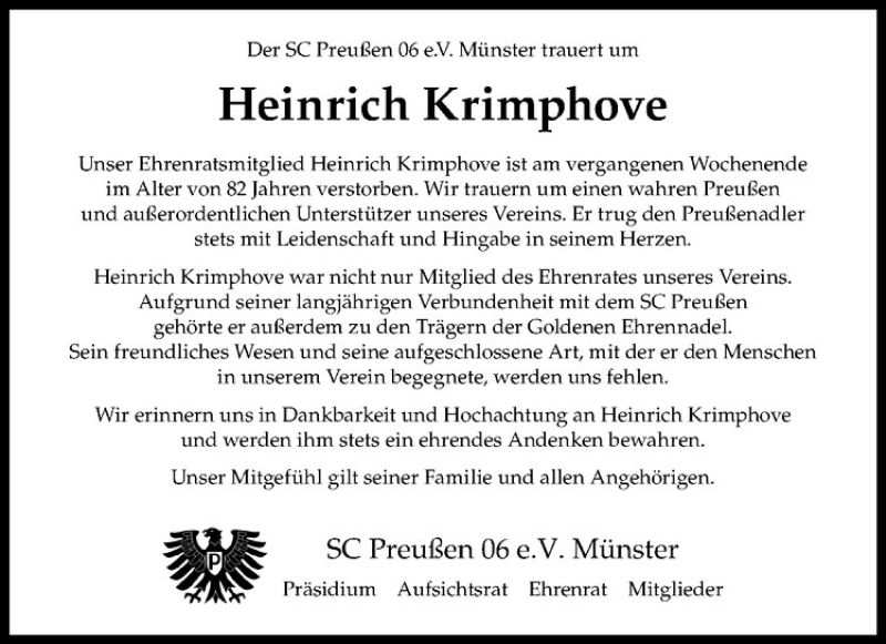  Traueranzeige für Heinrich Krimphove vom 22.06.2016 aus Westfälische Nachrichten