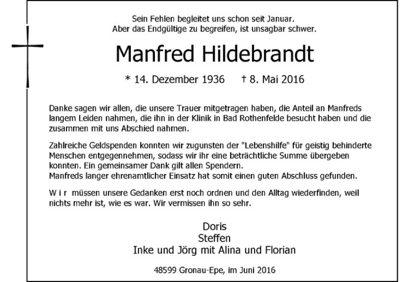  Traueranzeige für Manfred Hildebrandt vom 04.06.2016 aus Westfälische Nachrichten