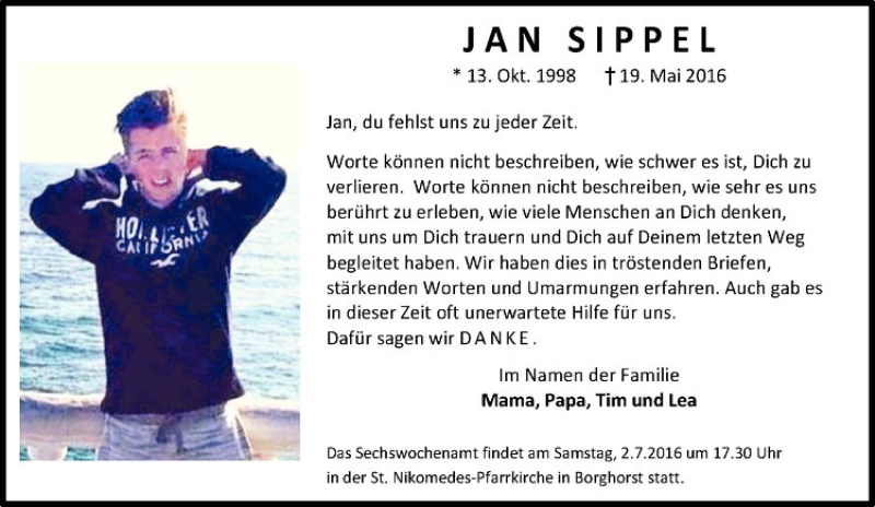  Traueranzeige für Jan Sippel vom 29.06.2016 aus Westfälische Nachrichten