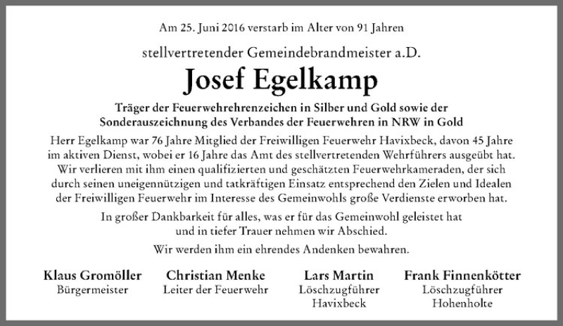  Traueranzeige für Josef Egelkamp vom 28.06.2016 aus Westfälische Nachrichten
