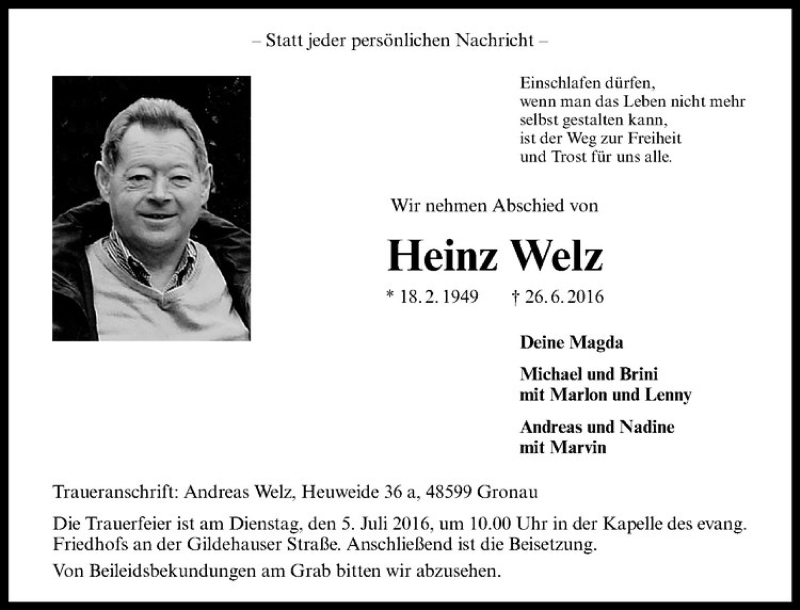  Traueranzeige für Heinz Welz vom 29.06.2016 aus Westfälische Nachrichten