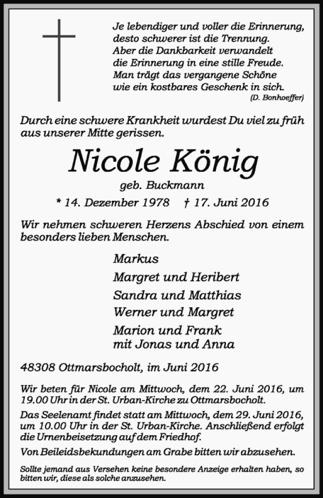  Traueranzeige für Nicole König vom 20.06.2016 aus Westfälische Nachrichten