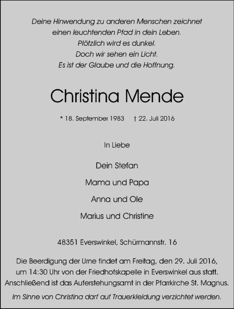  Traueranzeige für Christina Mende vom 26.07.2016 aus Westfälische Nachrichten