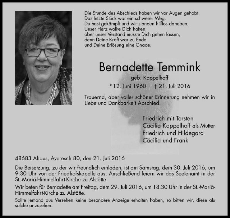  Traueranzeige für Bernadette Temmink vom 26.07.2016 aus Westfälische Nachrichten