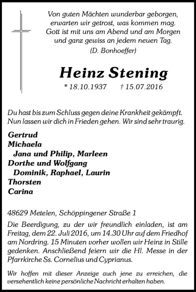  Traueranzeige für Heinz Stening vom 20.07.2016 aus Westfälische Nachrichten