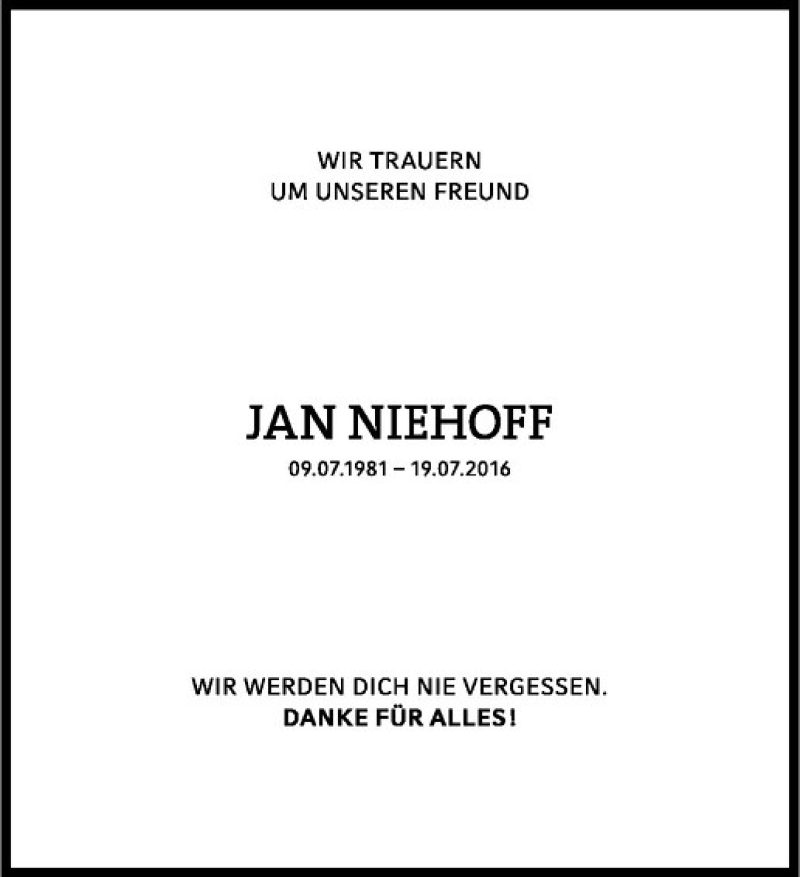  Traueranzeige für Jan Niehoff vom 30.07.2016 aus Westfälische Nachrichten