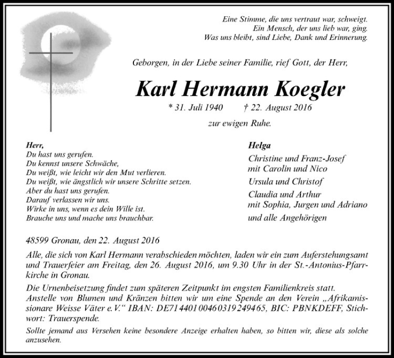  Traueranzeige für Karl Hermann Koegler vom 24.08.2016 aus Westfälische Nachrichten