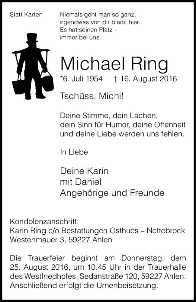  Traueranzeige für Michael Ring vom 20.08.2016 aus Westfälische Nachrichten