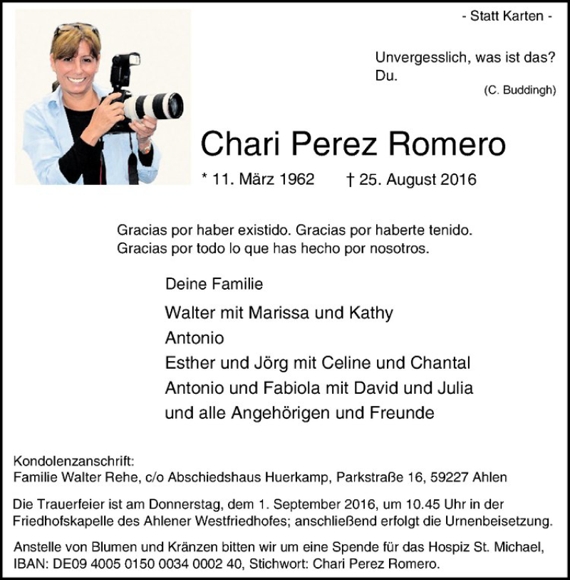  Traueranzeige für Chari Perez Romero vom 27.08.2016 aus Westfälische Nachrichten