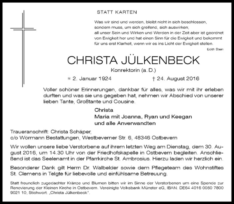  Traueranzeige für Christa Jülkenbeck vom 27.08.2016 aus Westfälische Nachrichten