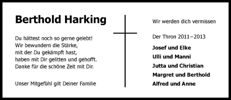  Traueranzeige für Berthold Harking vom 30.08.2016 aus Westfälische Nachrichten