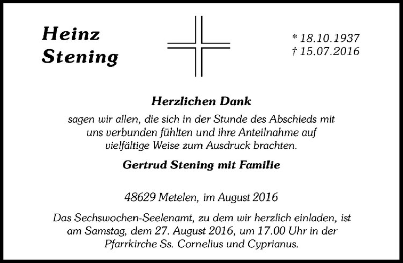  Traueranzeige für Heinz Stening vom 25.08.2016 aus Westfälische Nachrichten