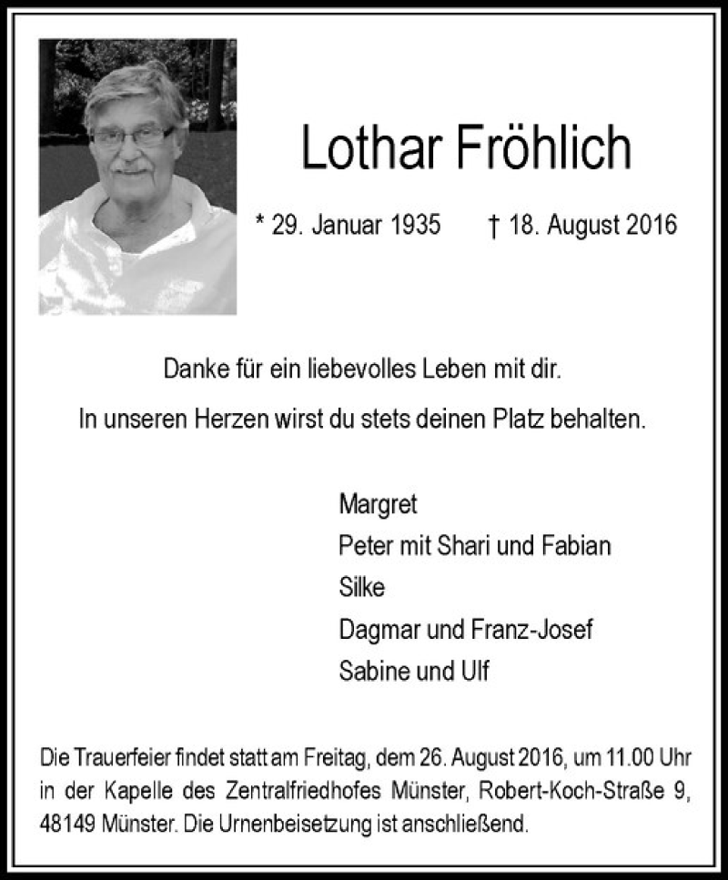  Traueranzeige für Lothar Fröhlich vom 24.08.2016 aus Westfälische Nachrichten