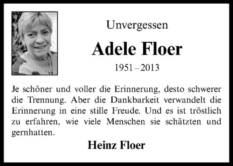  Traueranzeige für Adele Floer vom 24.08.2016 aus Westfälische Nachrichten