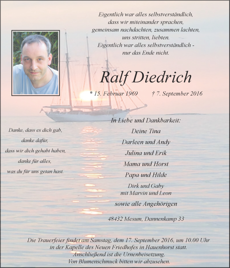  Traueranzeige für Ralf  Diedrich vom 14.09.2016 aus Westfälische Nachrichten
