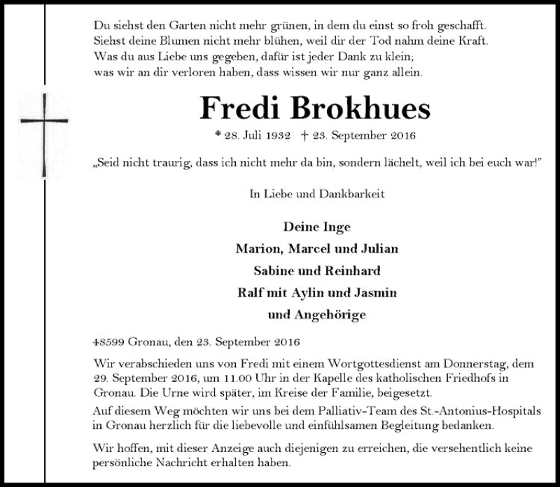  Traueranzeige für Fredi Brokhues vom 26.09.2016 aus Westfälische Nachrichten