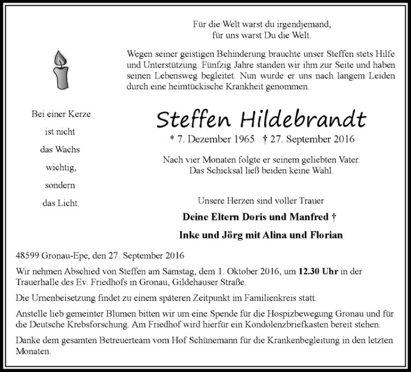  Traueranzeige für Steffen Hildebrandt vom 29.09.2016 aus Westfälische Nachrichten