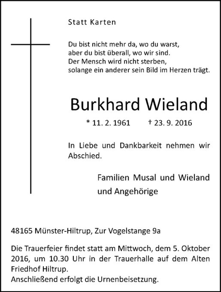 Traueranzeige für Burkhard Wieland vom 28.09.2016 aus Westfälische Nachrichten