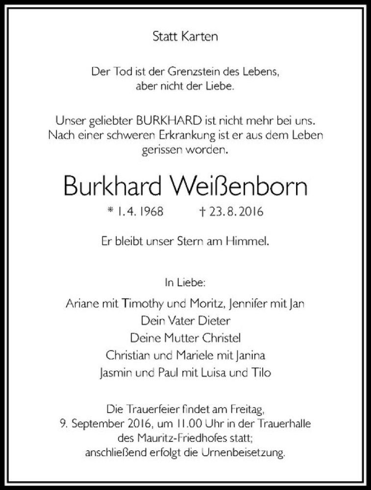  Traueranzeige für Burkhard Weißenborn vom 05.09.2016 aus Westfälische Nachrichten