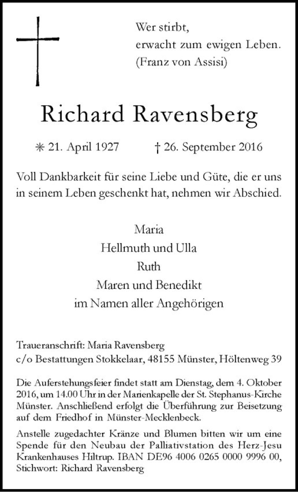  Traueranzeige für Richard Ravensberg vom 29.09.2016 aus Westfälische Nachrichten