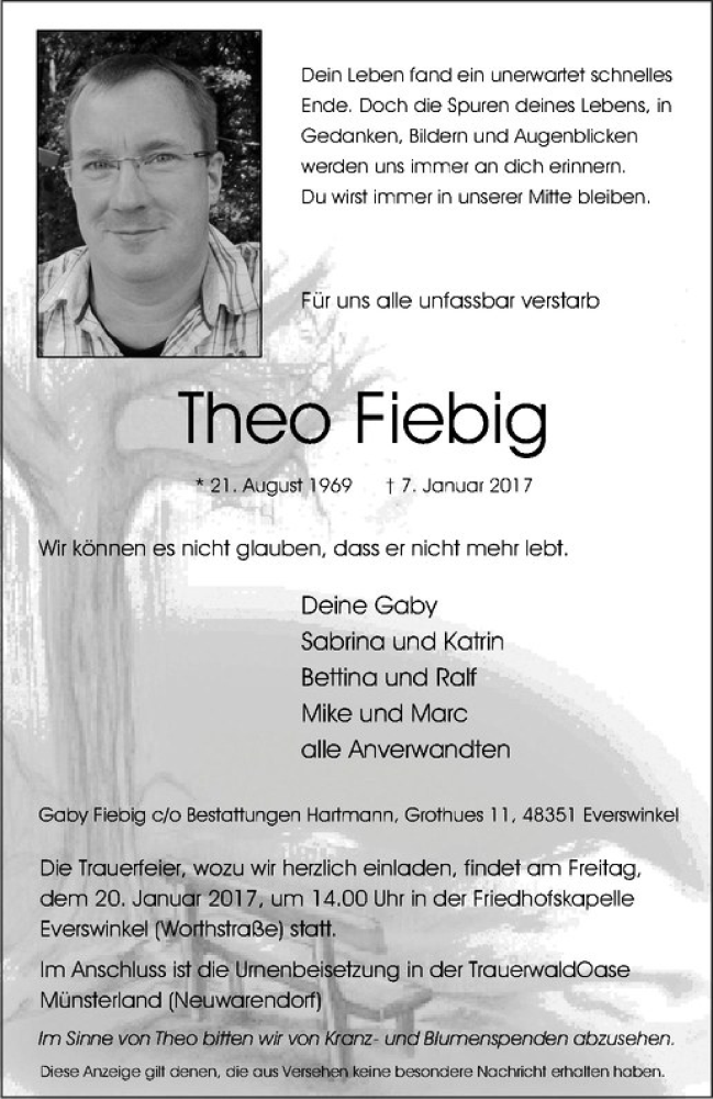  Traueranzeige für Theo Fiebig vom 11.01.2017 aus Westfälische Nachrichten