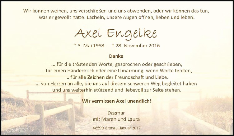  Traueranzeige für Axel Engelke vom 14.01.2017 aus Westfälische Nachrichten